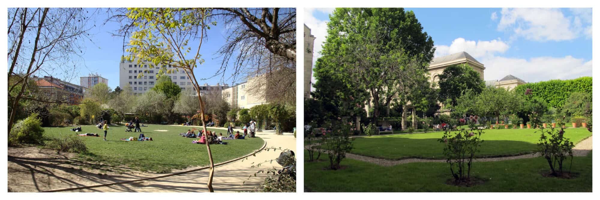 Left: People lounging on the lawn of Square Lionel Assouad on a sunny day; right: the open green spaces of Jardin des Archives Nationales in Paris. 