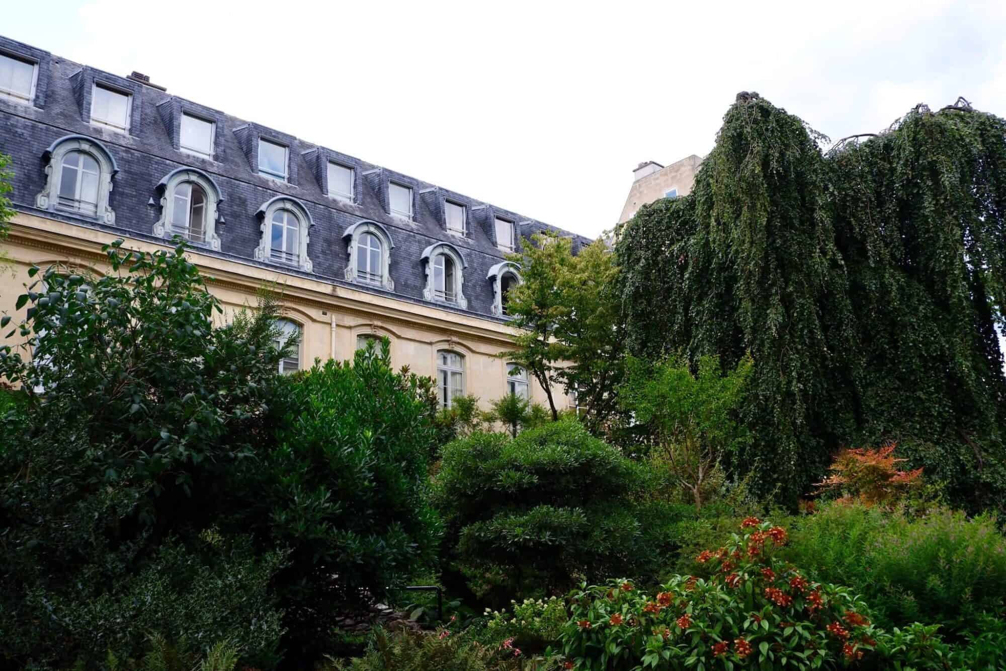 Square Roger-Stéphane in Saint-Germain with tall wild trees and even a tree that looks like a weeping willow.