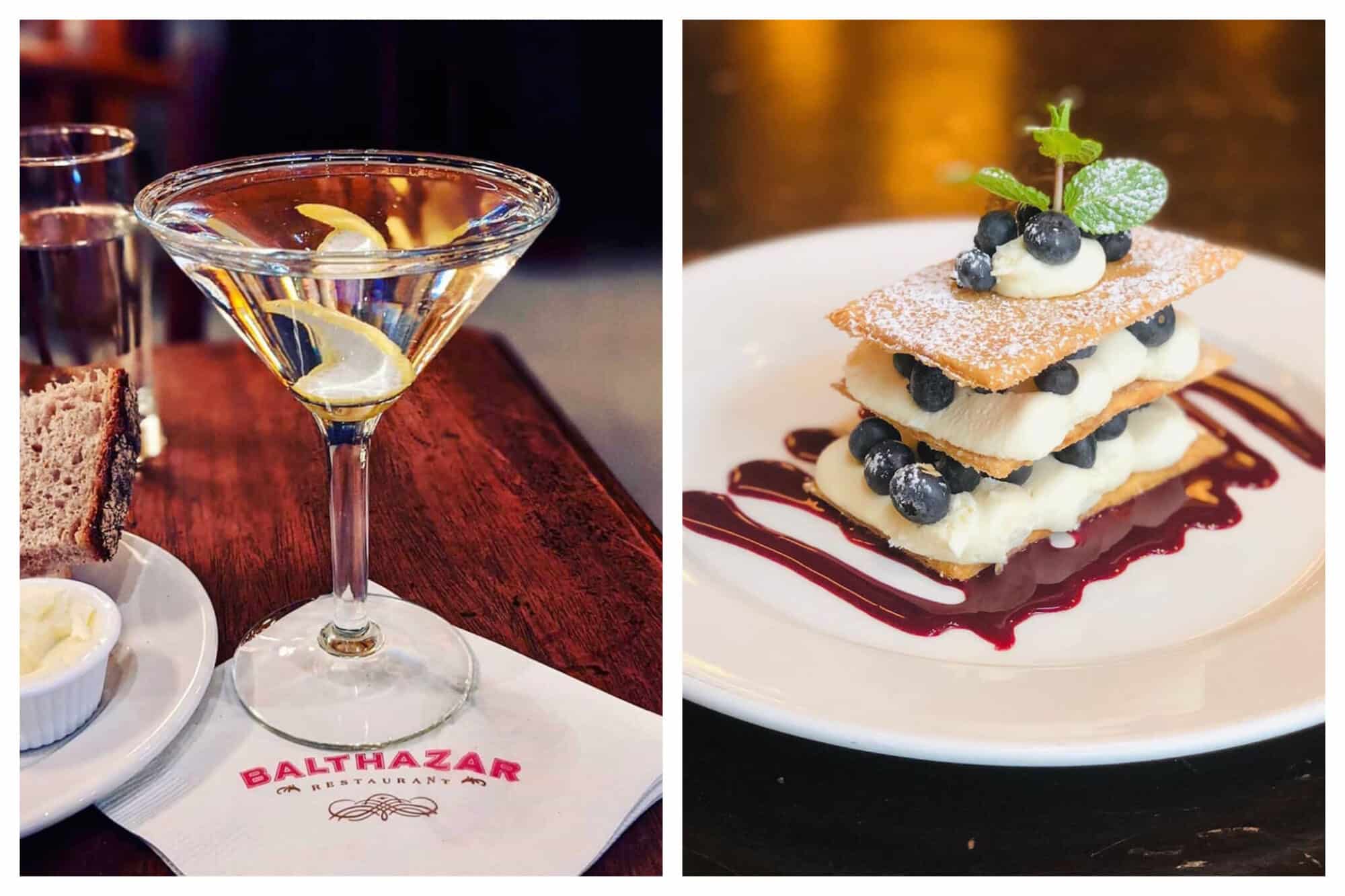 Left: A freshly made martini with a lemon slice sits atop a napkin, printed with the name of the restaurant, Balthazar, on it, Right: A delicious plate of dessert at Balthazar restaurant in NYC. topped with powdered sugar, blueberries and a sprig of mint