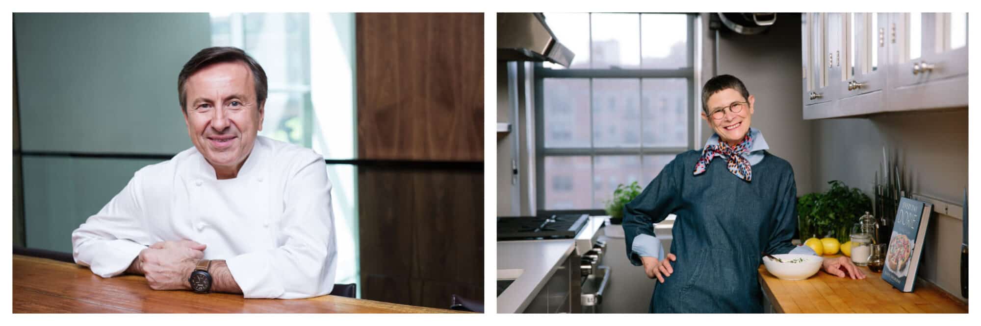 Left: A portrait of chef Daniel Boulud, wearing his chef's coat and smiling at the camera, Right: A portrait of Dorie Greenspan smiling in her New York City home kitchen