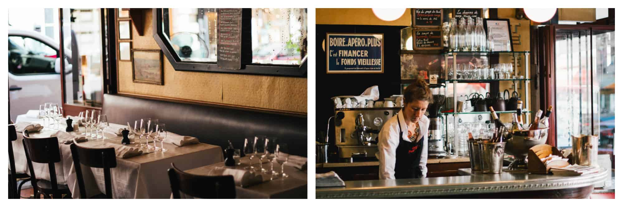 Left: An empty table is set and ready for dinner time at Bistro Paul Bert, Right: A waitress stands behind the bar counter at the Bistro Paul Bert