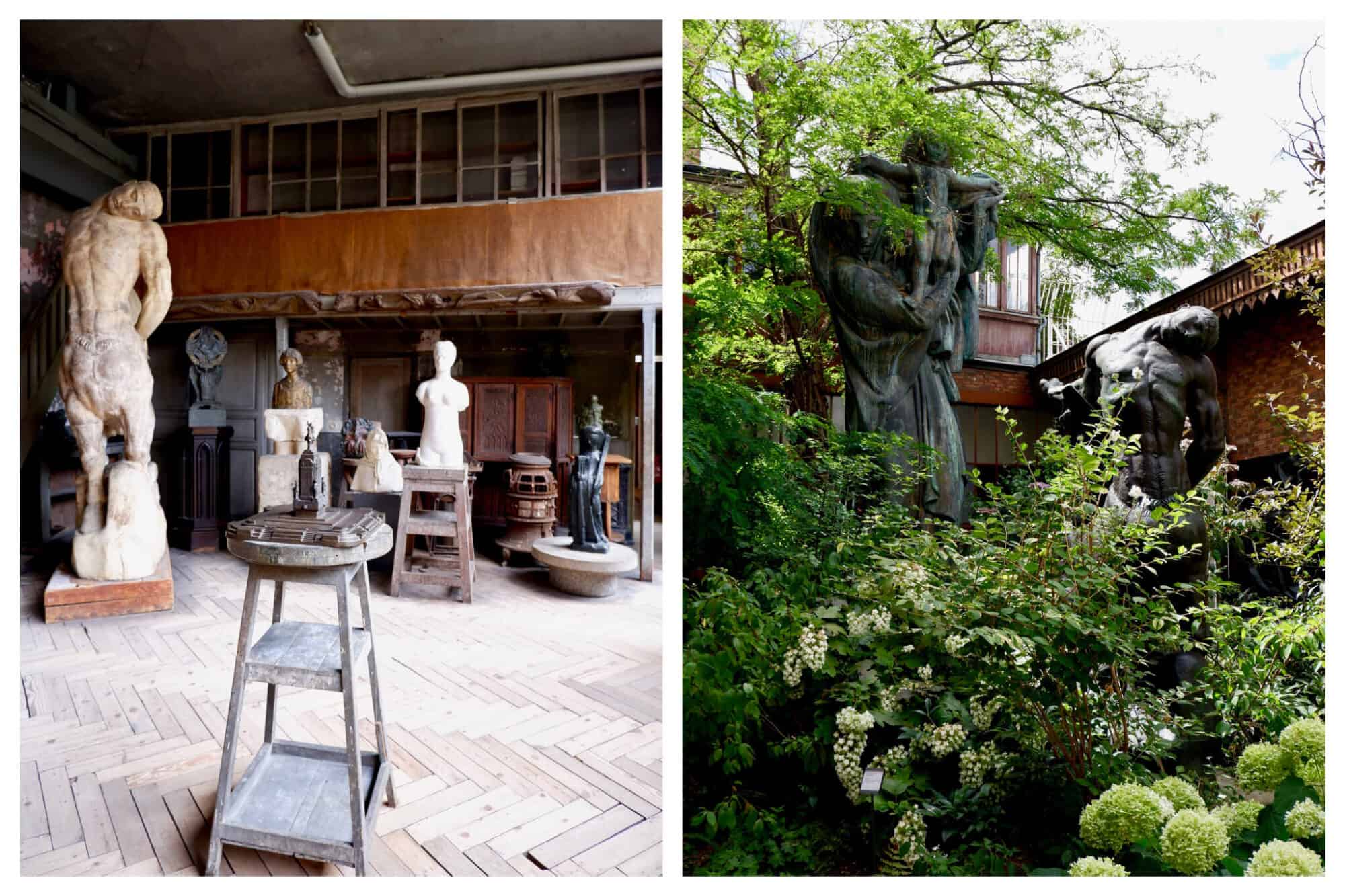 Left, the sculptures inside the Musée Bourdelle, a museum dedicated to the work of French sculptor Antoine Bourdelle. Right, the leafy gardens and sculptures of the Musée Bourdelle.