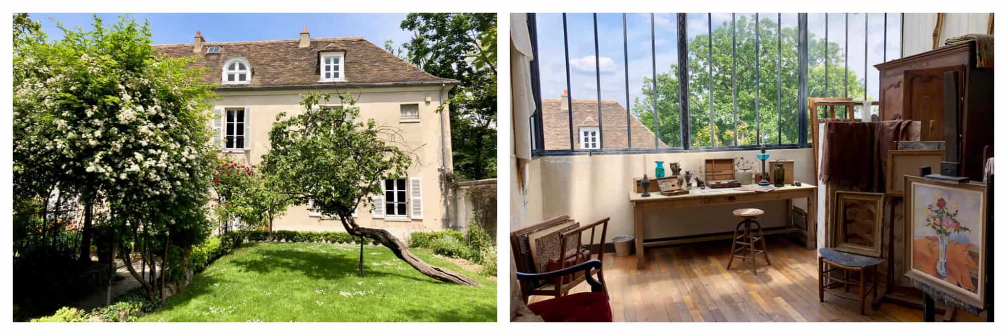 Left, the garden of the Musée Montmartre in Paris, featuring the oldest house in the area. Right, the atelier of Suzanne Valadon at the museum.