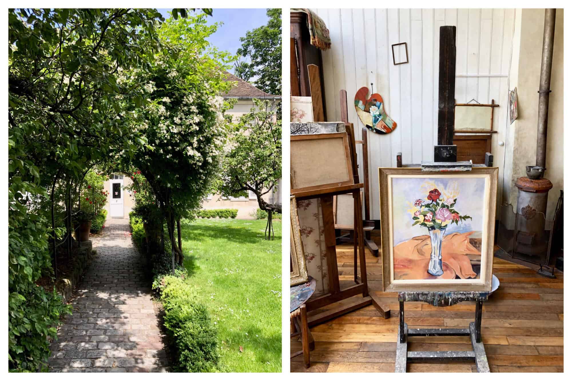 Left, the garden of the Musée Montmartre in Paris, featuring the oldest house in the area. Right, a painting of flowers in a vase inside the atelier of Suzanne Valadon at the museum.
