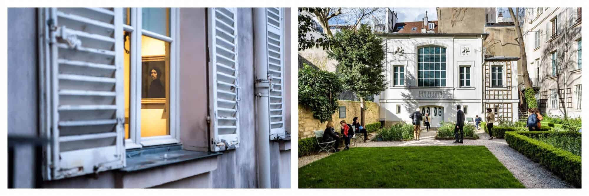 Left, a glimpse inside artist Eugene Delacroix's former residence, now a museum. Right, the gardens of the museum in Paris.