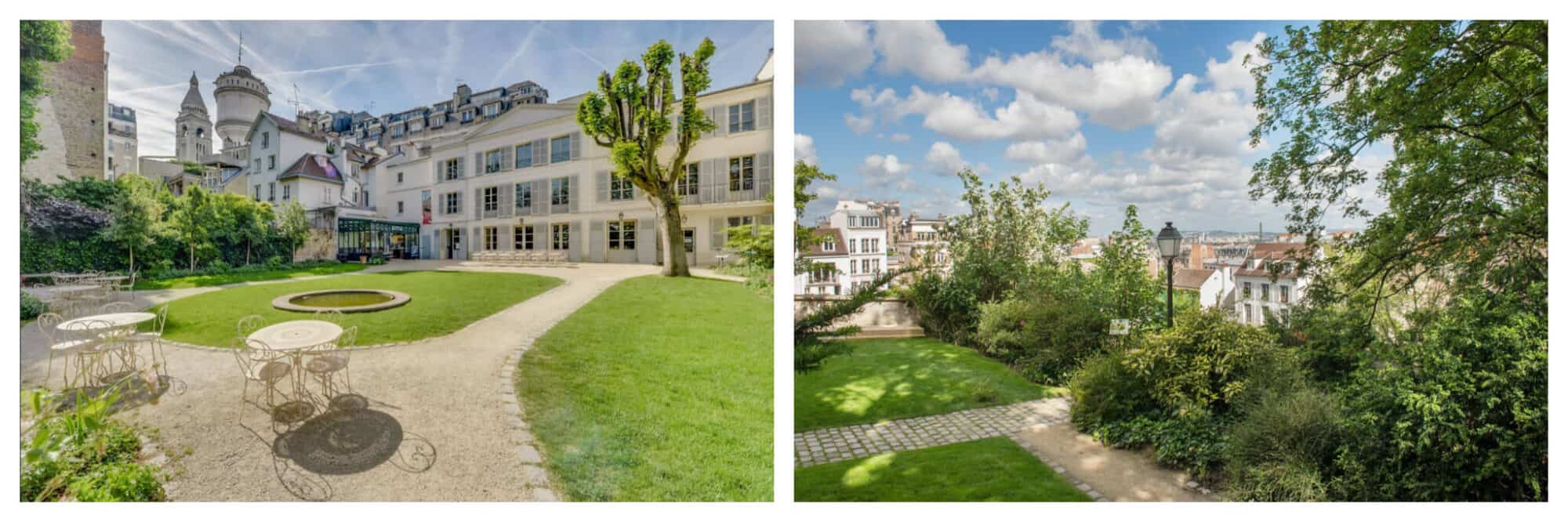 Left and right, the garden of the Musée Montmartre in Paris, featuring the oldest house in the area.