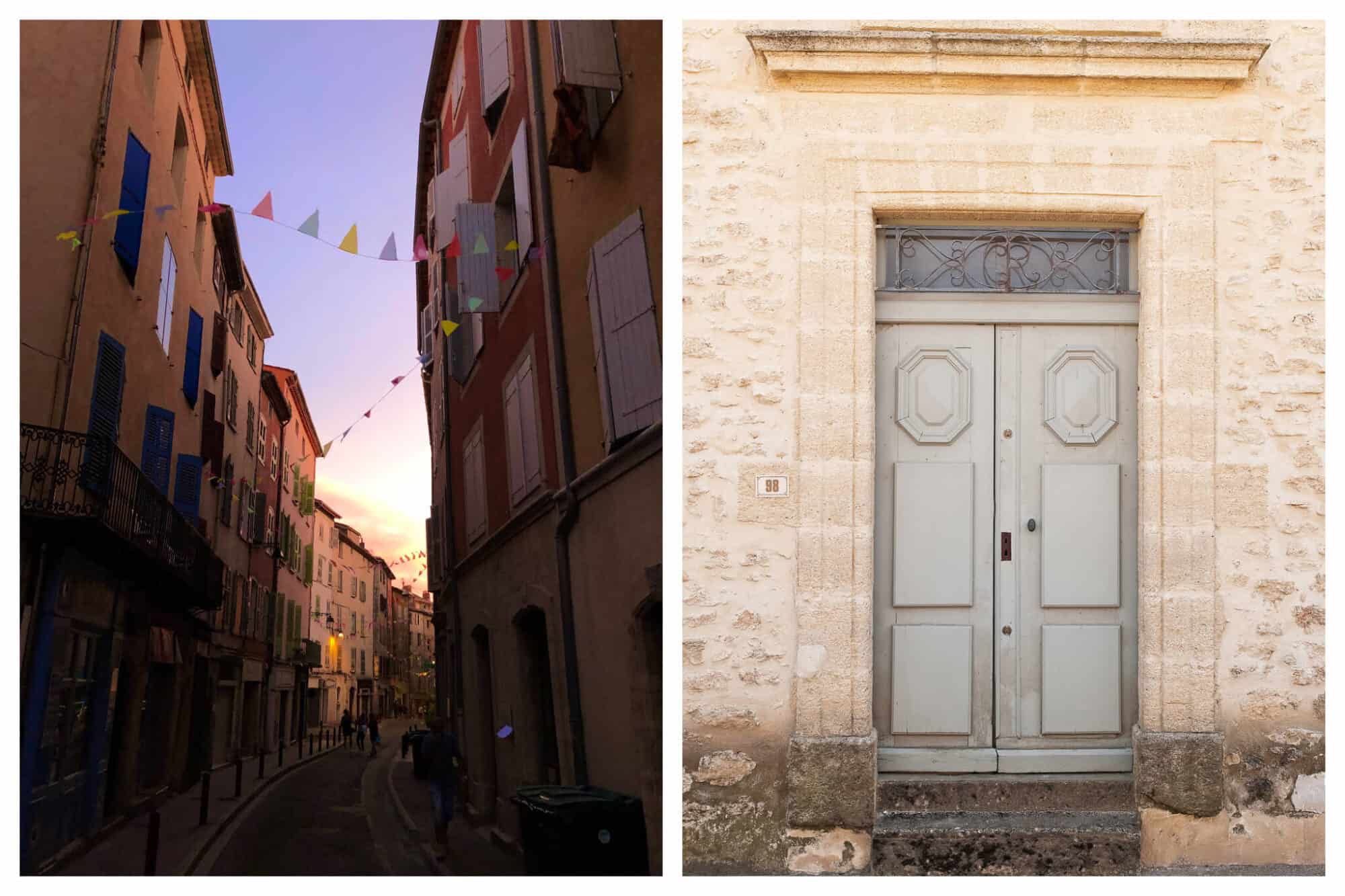Left: a Provence street at sunset. Right: the front door of a house in Provence.