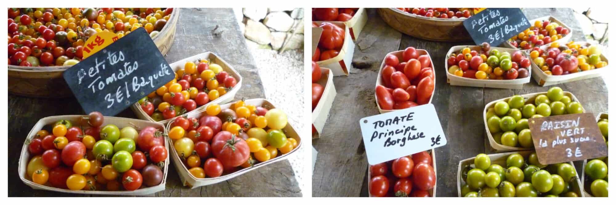 Both: various cherry tomatoes of all different colours at a market. 