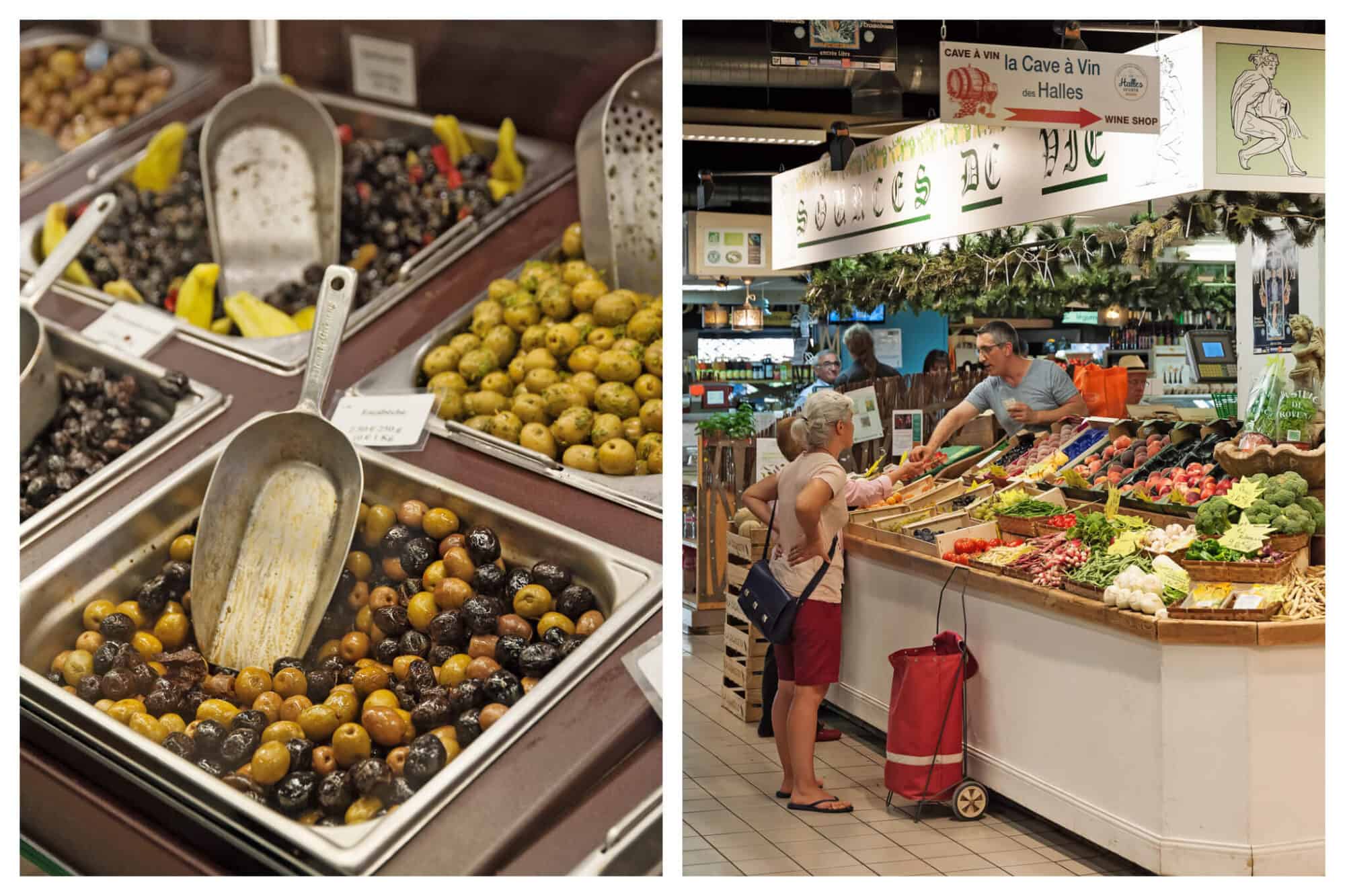 Left: various olives at a market. Right: two women purchasing goods from a green grocer at a market.