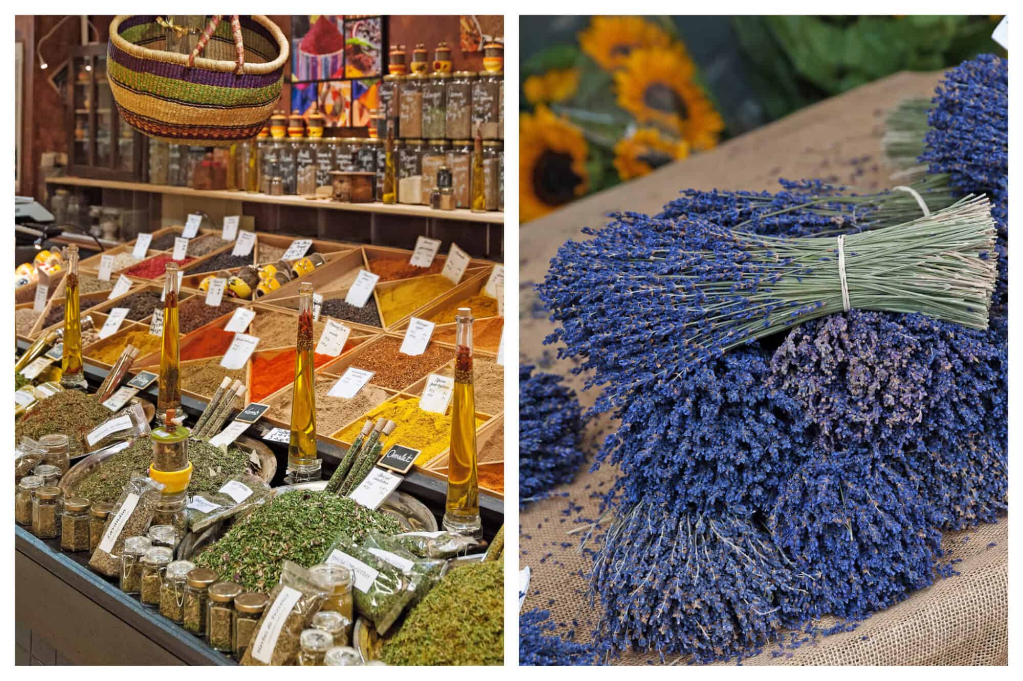 Left: various spices, herbs and oils at a market. Right: bunches of lavender with sunflowers in the background at a market.