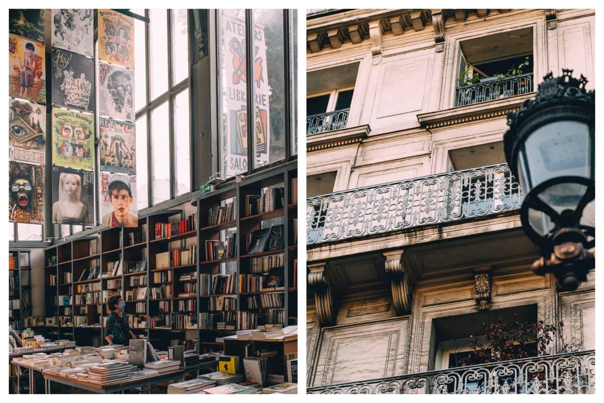 Left: A woman wearing a face masks browses through books at a store in Paris, Right: A shot of Parisian balconies as seen from the street.