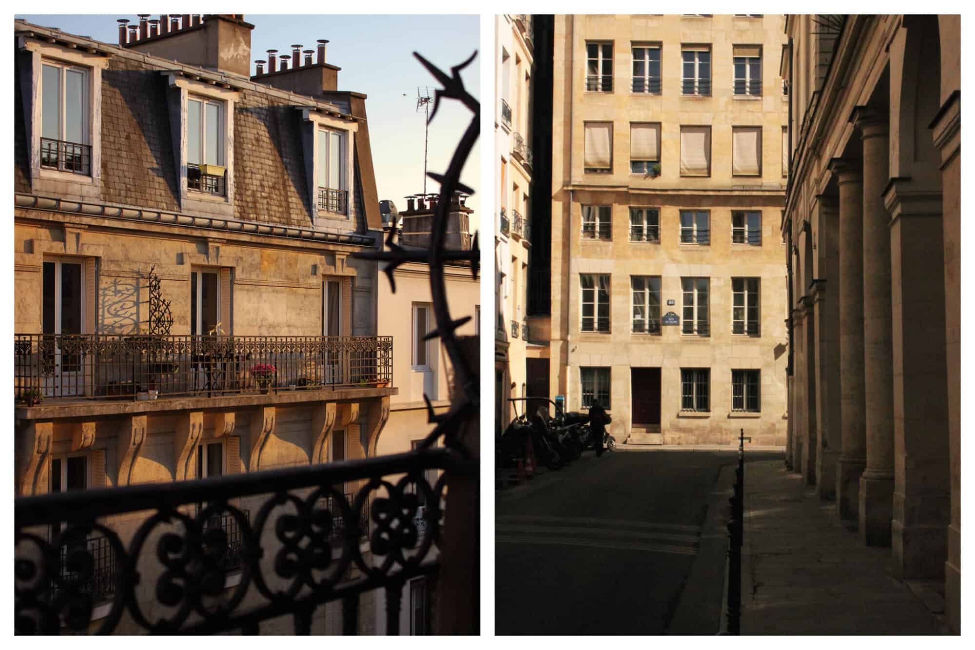 Left: The sun sets in Paris, casting shadows from Parisian apartment balconies, Right: An empty street in Paris during the quiet summer month of August.