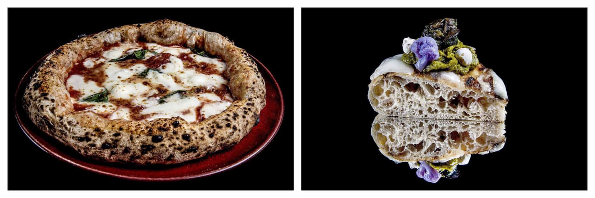 Left: a margarita pizza on a red plate with a black background. Right: a slice of thick dough pizza with a green pesto and purple broccoli topping on a black background.