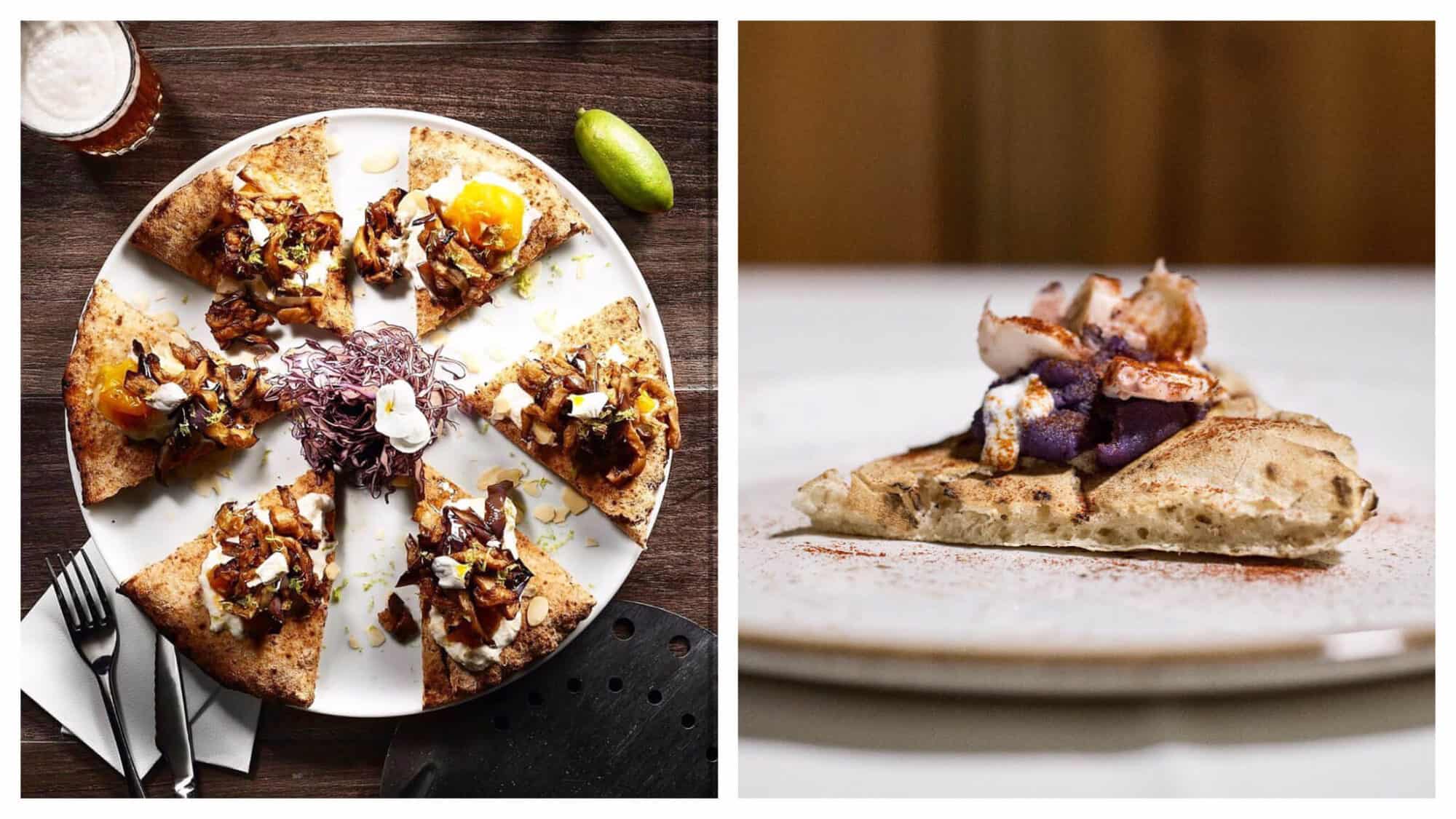 Left: a bird's eye view of individual slices of pizza on a plate with a knife and fork and a beer next to it. Right: a slice of pizza on a plate with a purple and white topping.