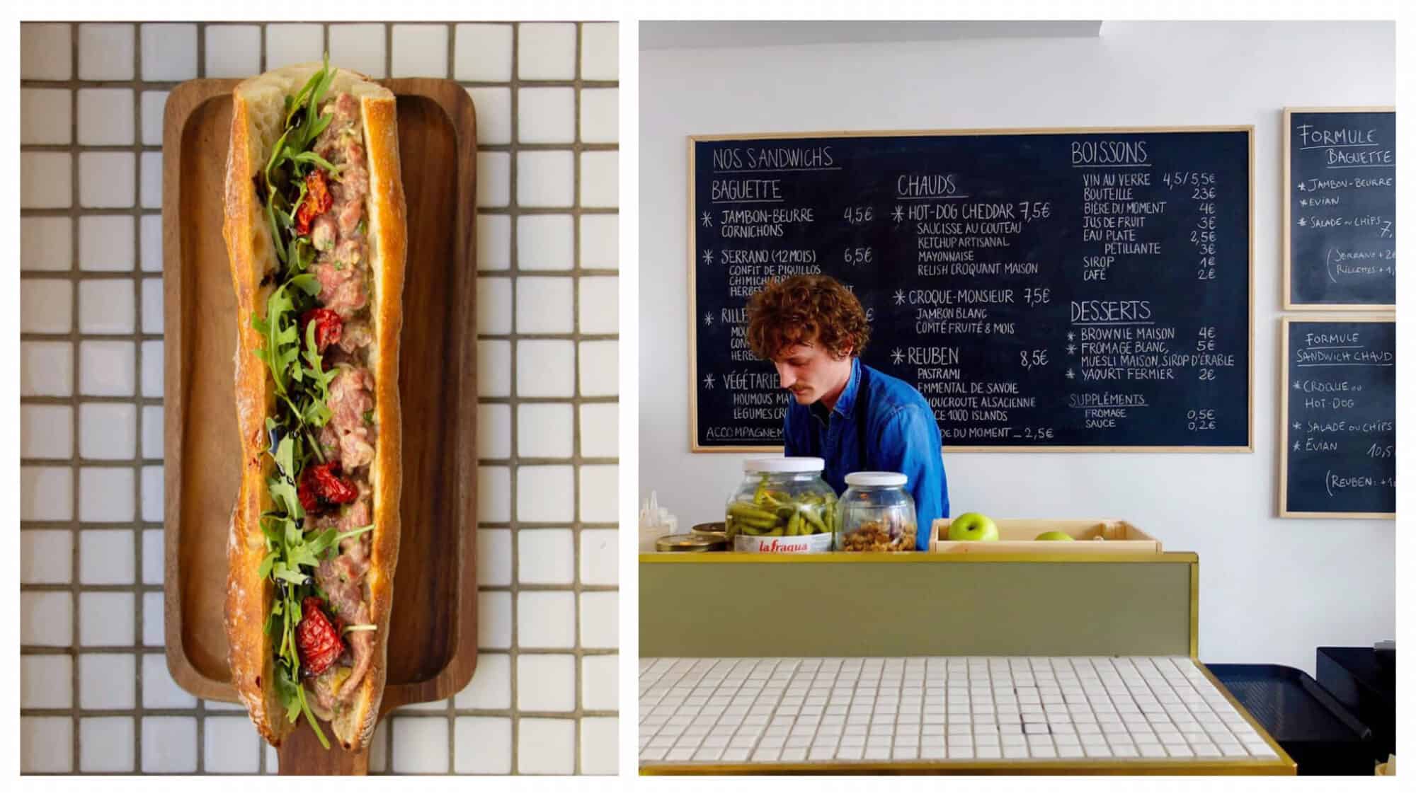 Left, a baguette sandwich in Paris. Right, sandwich counter in Paris with a blackboard in the background.