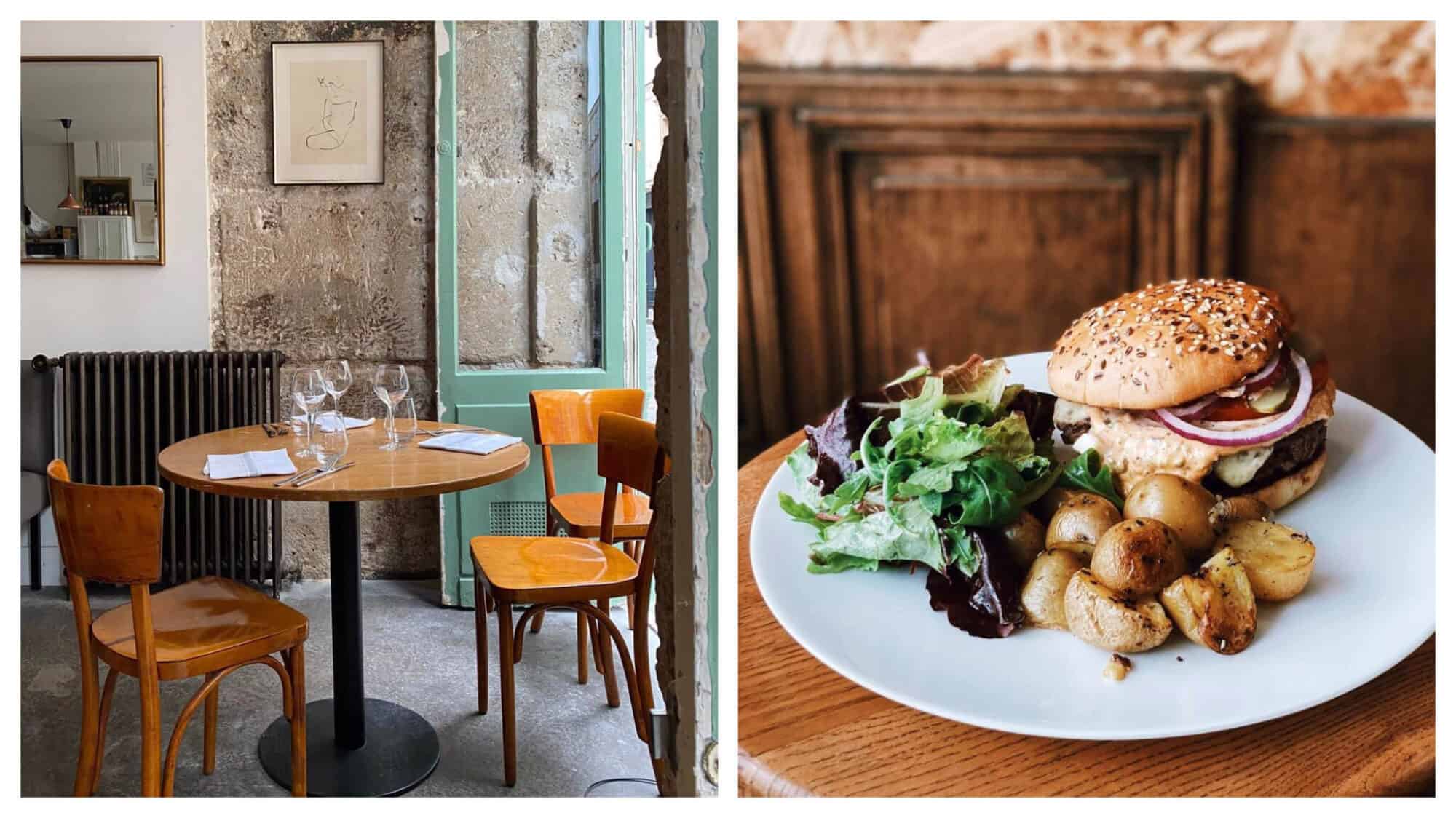 Left, a wooden table and chairs at a shabby chic style bistro in Paris. Right, an artisan cheese burger and fried potatoes on a white plate.