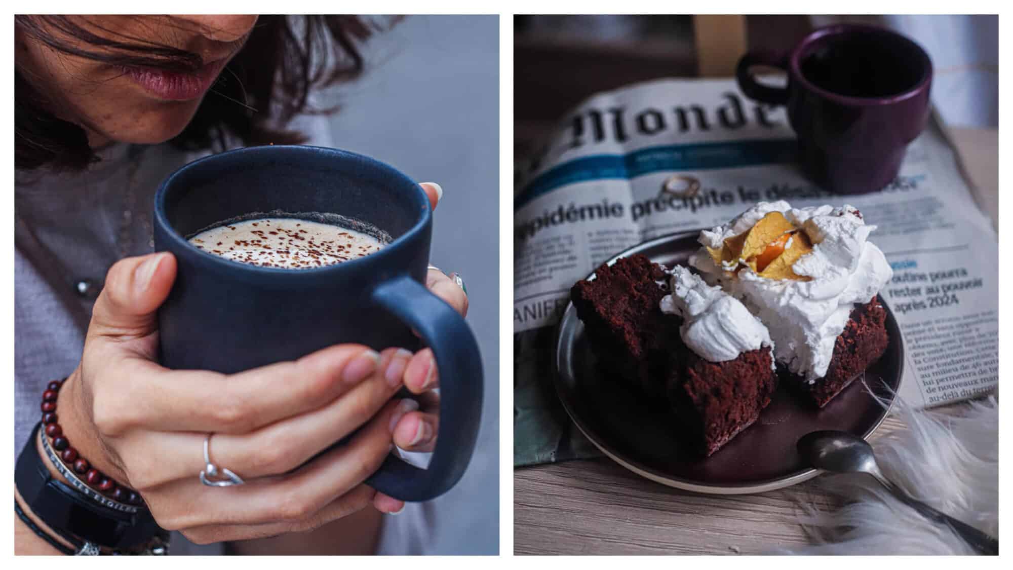 Left, a man holding a large cup of coffee. Right, a slice of chocolate cake with whipped cream and a Le Monde newspaper in the background on the table.
