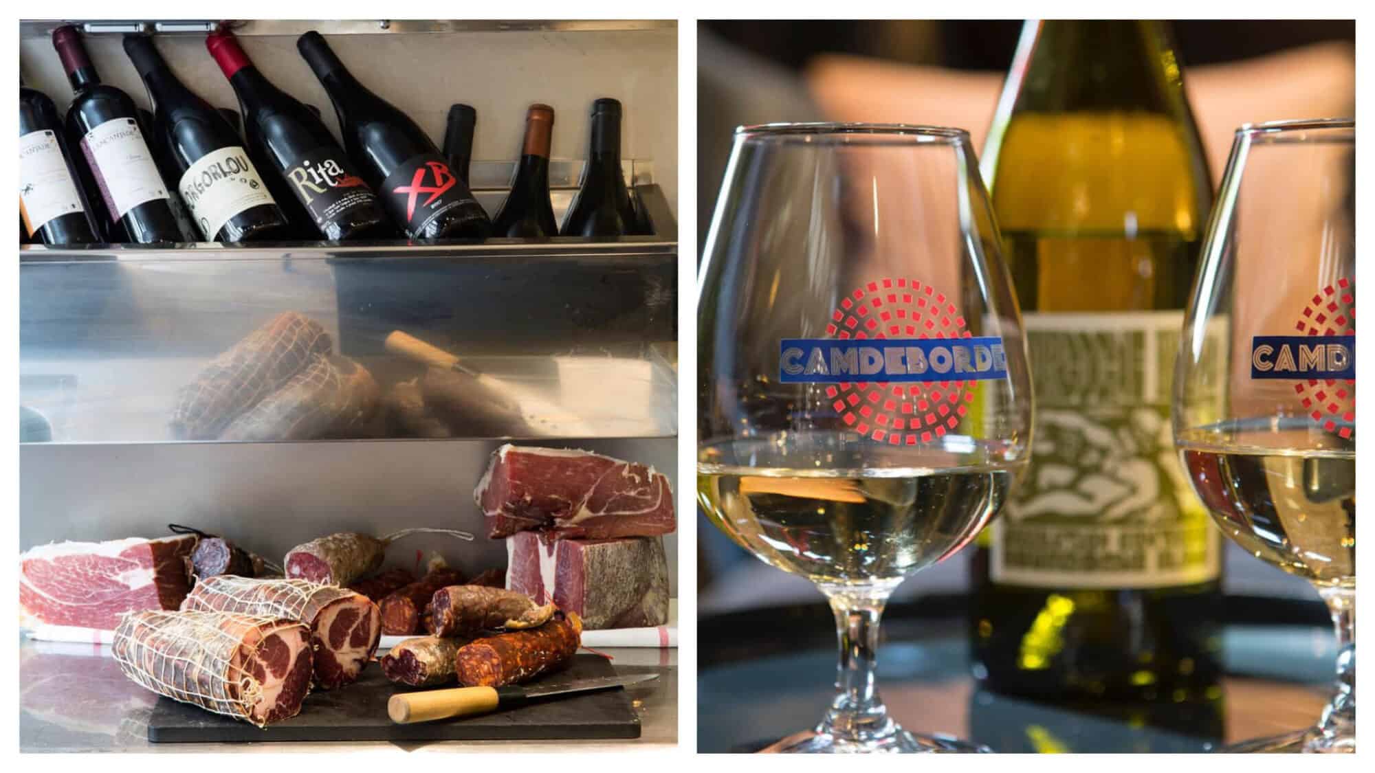 Left: A selection of Spanish charcuterie and 8 bottles of red wine on a metal shelf, at about the table level.
Right: a bottle of wine wine with two glases sat in front of it. 