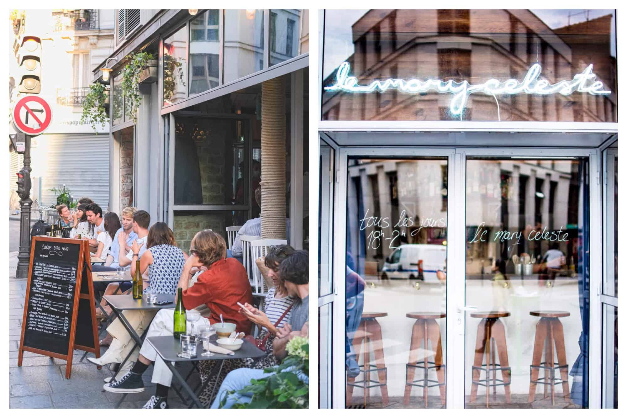 Le Mary Celeste Paris. The café exterior dining and a view inside.