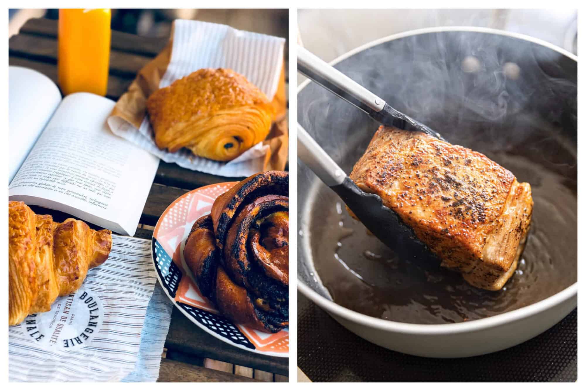 Left: Various pastries, including a pain au chocolat and croissant, sit atop a wodden table next to an open book and a glass of orange juice, Right: A piece of rish is cooked in a pan filled with hot oil, and a pair of tongs coming in from the left side of the frame are used to flip the meat in the pan. 