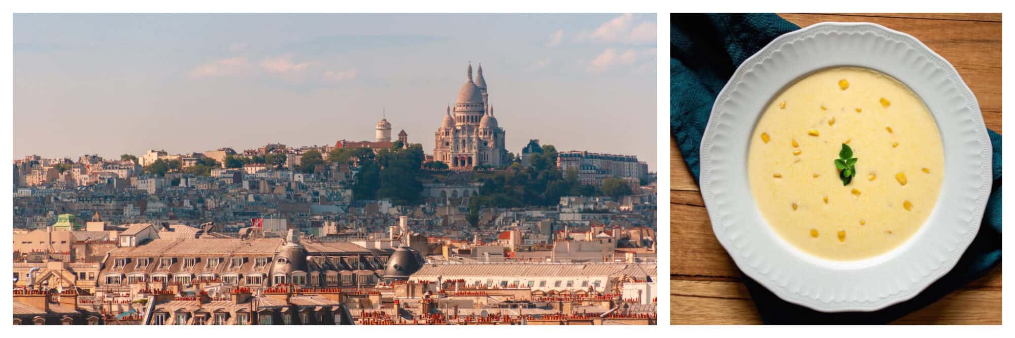 Left: A wide shot of a view of Parisian rooftops and the Sacre-Coeur at the top of Montmartre hill at sunset, Right: An overhead shot of a larg bowl of yellow soup with a sprig of herbs in the middle, plated in a detailed white bowl and placed on top of a blue towel. 