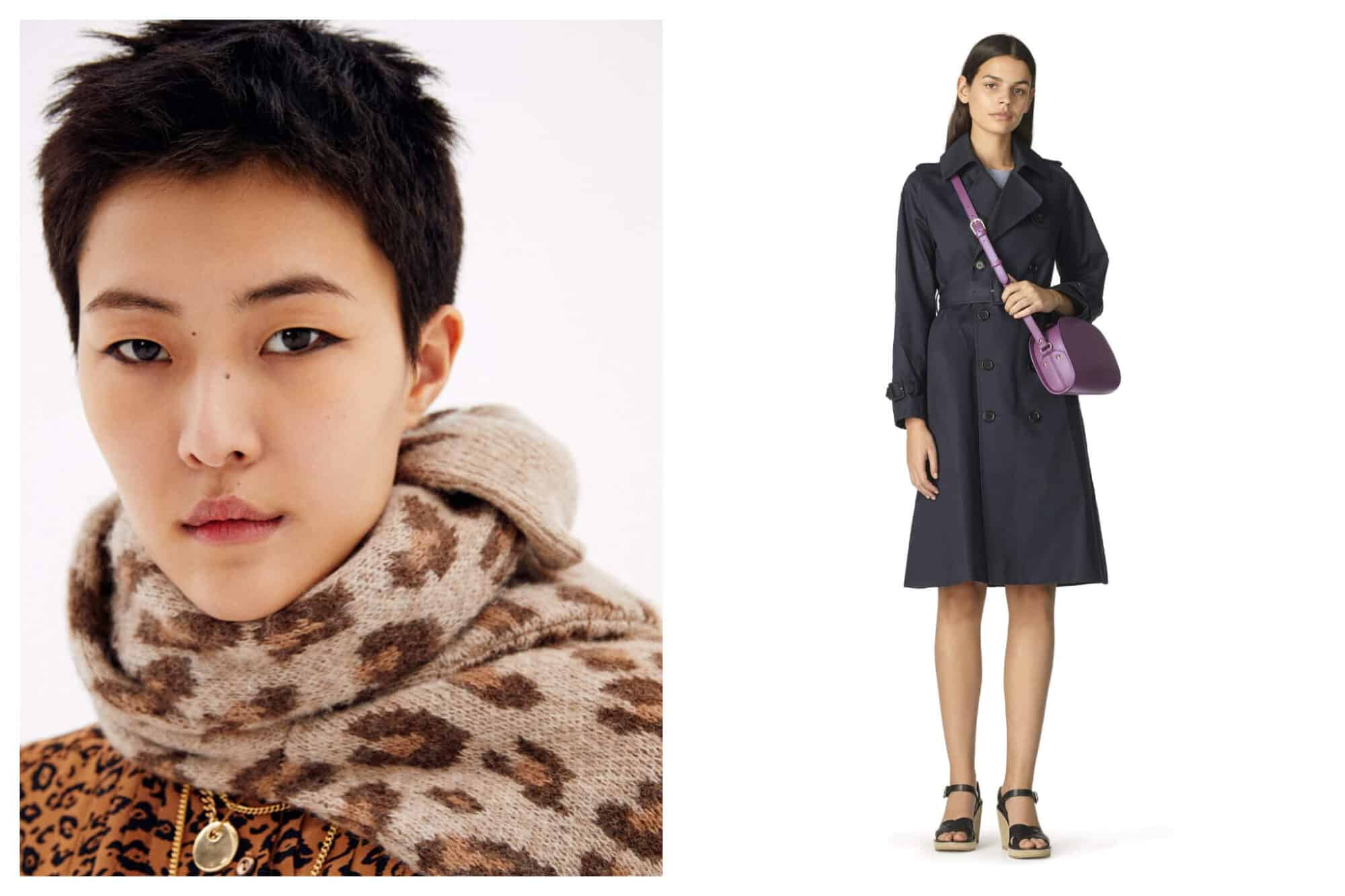 Left: A female model with short black hair wears winter scarf and sweater in contrasting animal prints.
Right: A female with long black hair models a black trench coat with a purple handbag draped across her diagonally. 