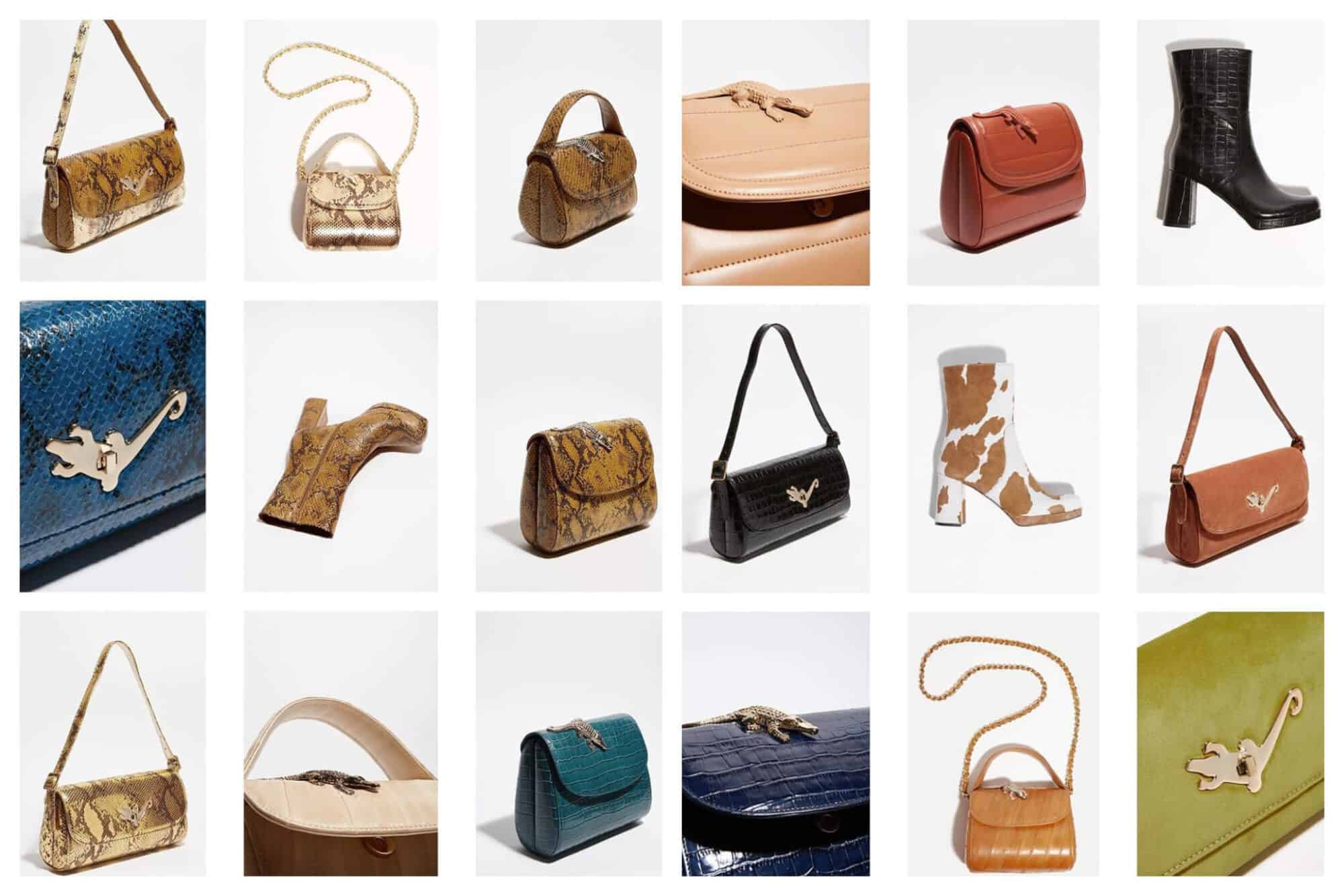A montage of different small handbags and boots.