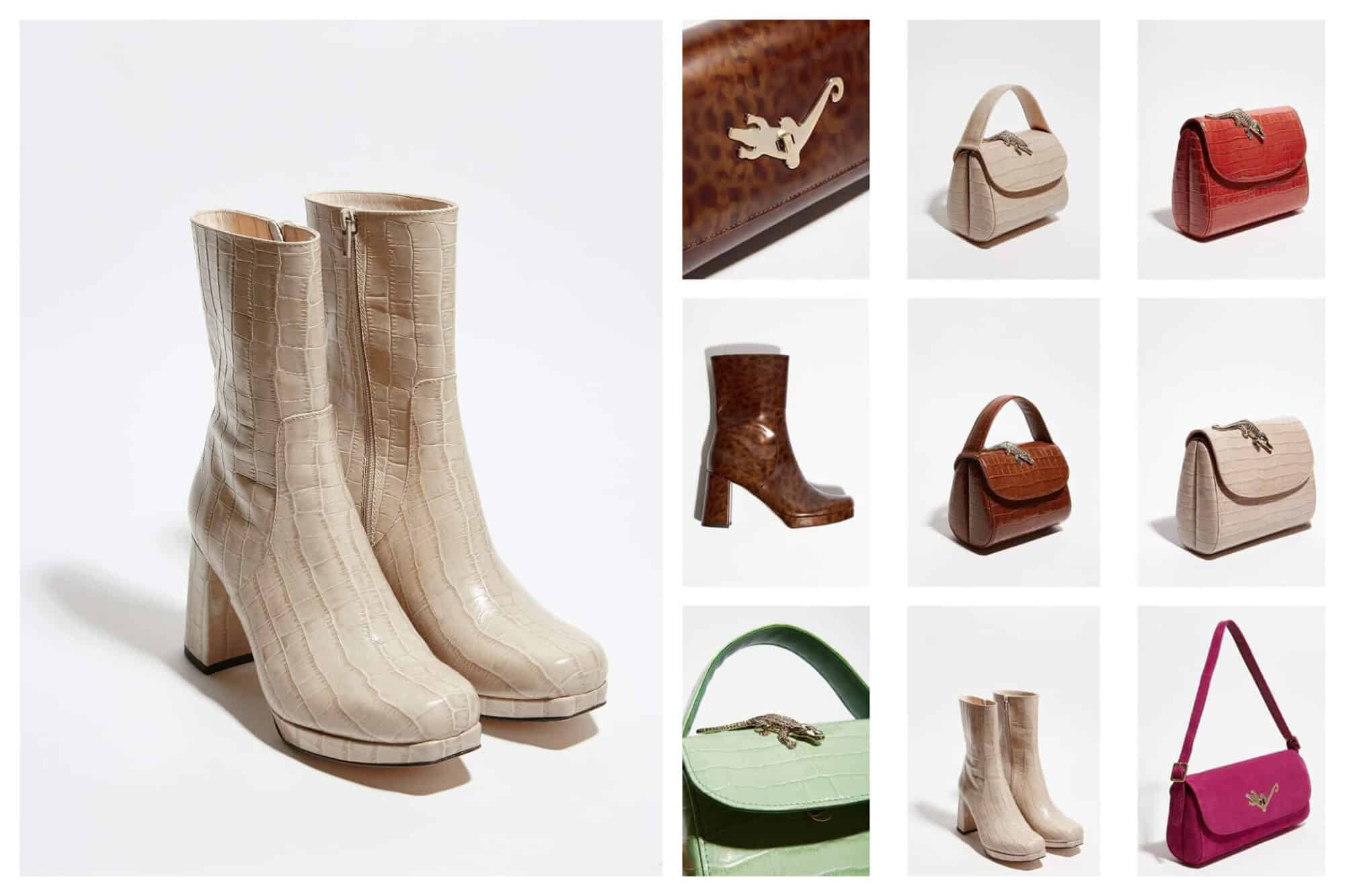 Left: a pair of beige boots. 
Right: Assorted accessories including small purses and boots.