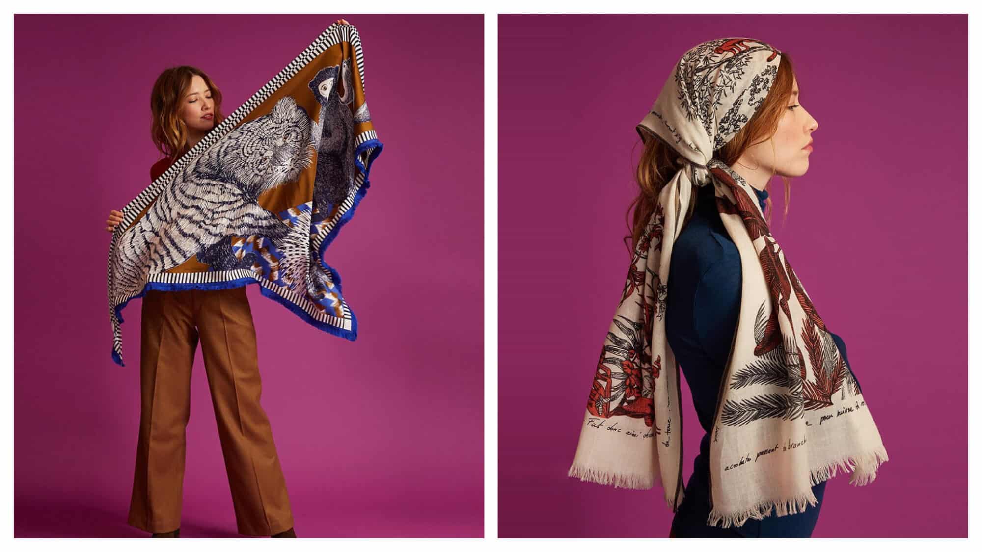 Left: A model stands against a purple background with an animal print scarf opened up in her hands
Right: A model pictured in profile with a scarf tied around her head in a bohemian style.