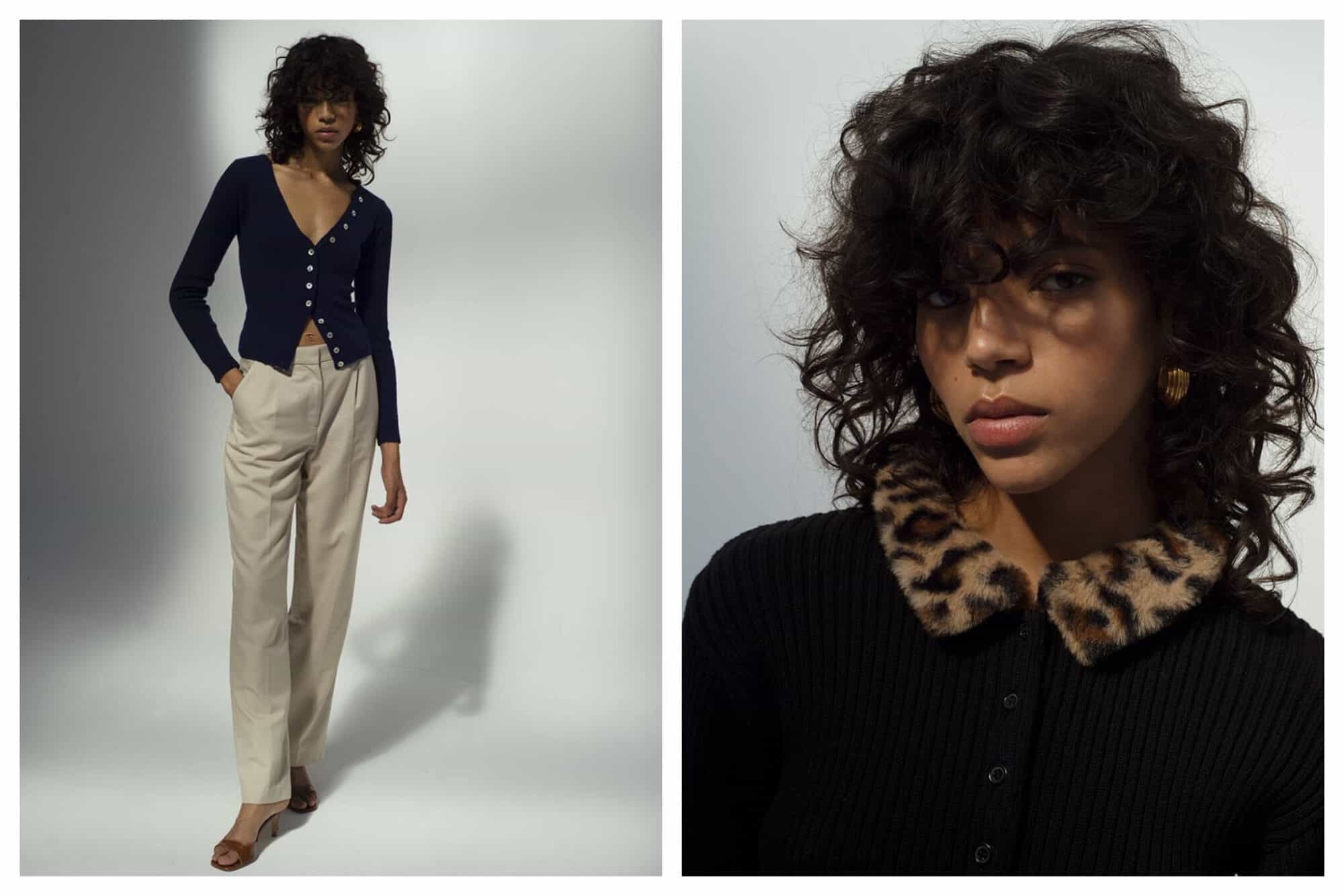 Left: a Model with curly black hair wears khaki trousers and a v neck dark sweater.
Right: The same model has a black sweater on with an animal print collar, and is photographed closed up.