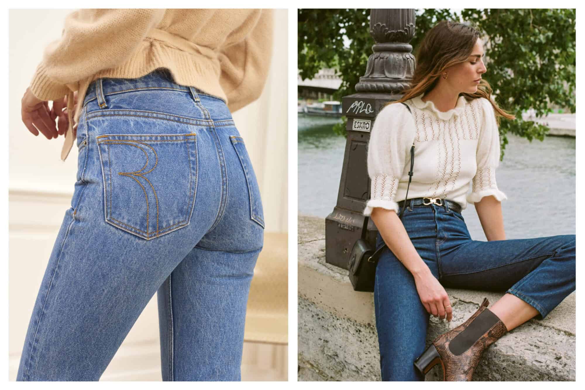 Right: a model's backside dressed in light blue jeans and a peach sweater.
Left: a woman with long brown hair sits along the Seine in front of a lamppost dressed in blue jeans, a ruffled cream coloured shirt, and a small black hand bag on her shoulder.
