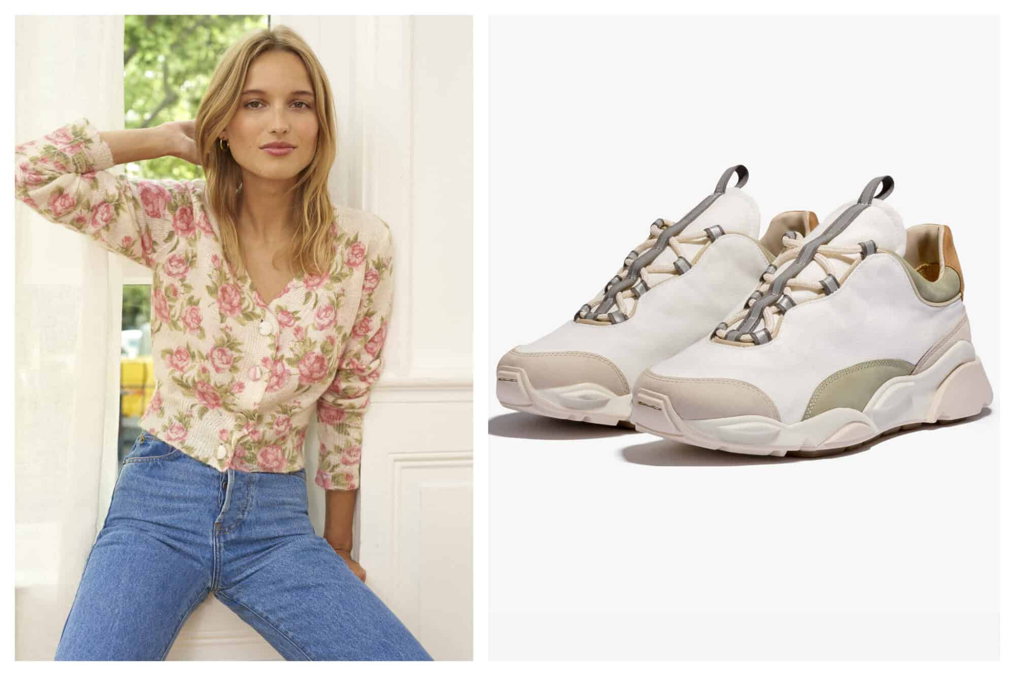 Right: A model with medium length blond hair wear a floral print sweater and blue jeans.
Left: A pair of beige sneakers.