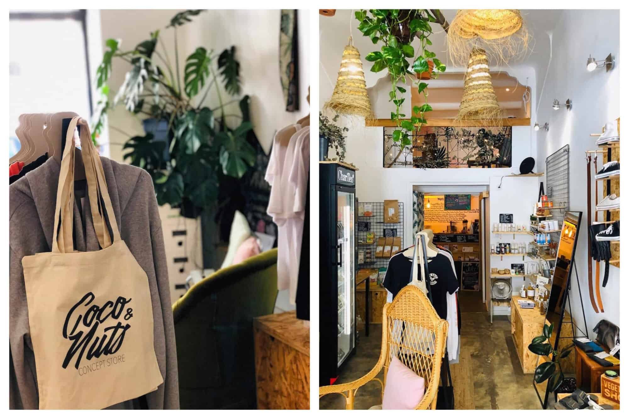 Left: a close up view of merchandise in Coco and Nuts Marseille shop, including a tote bag, t-shirts and a plant.
Right: Another view of the shop's interior but from further away.