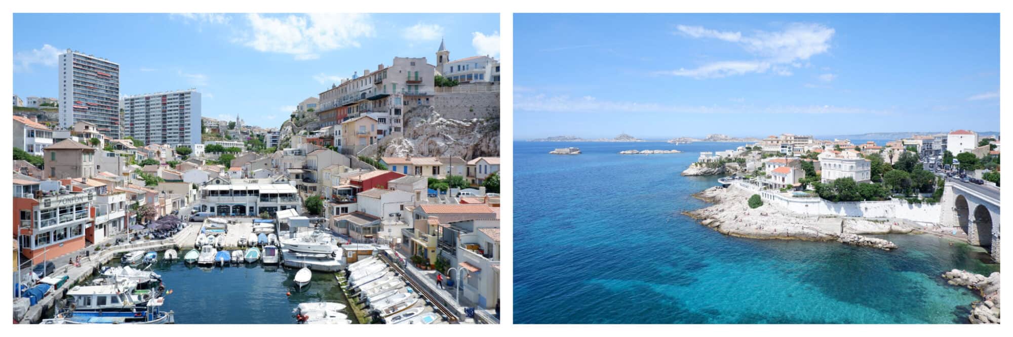 Left: A crowded port in Marseille 
Right: The crystal blue Mediterranean Sea near Marseille on a sunny day. 