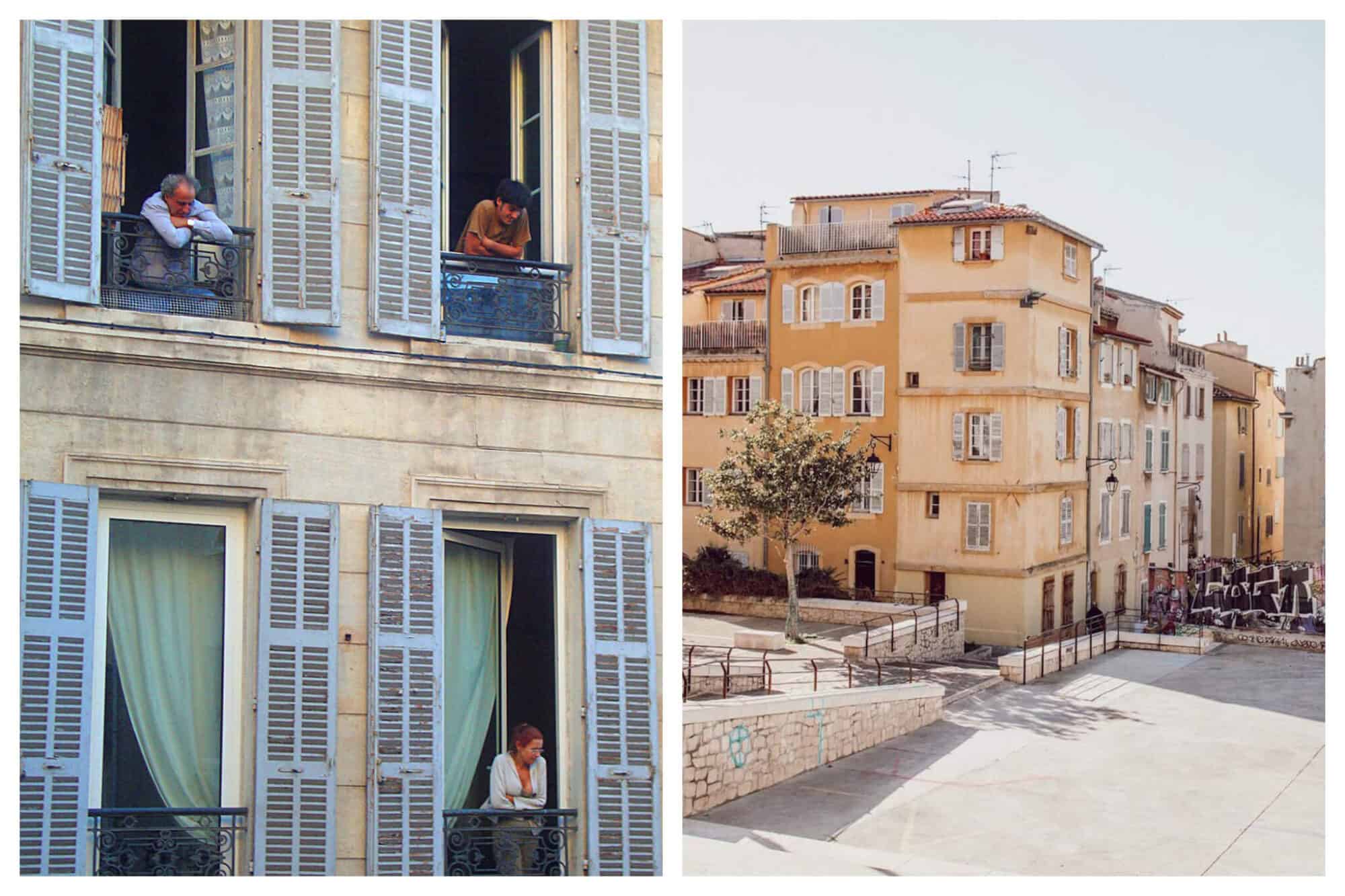 Left: Marseille residents stand at that their window sills people watching the scenes below
Right: Buildings in a village in the South of France