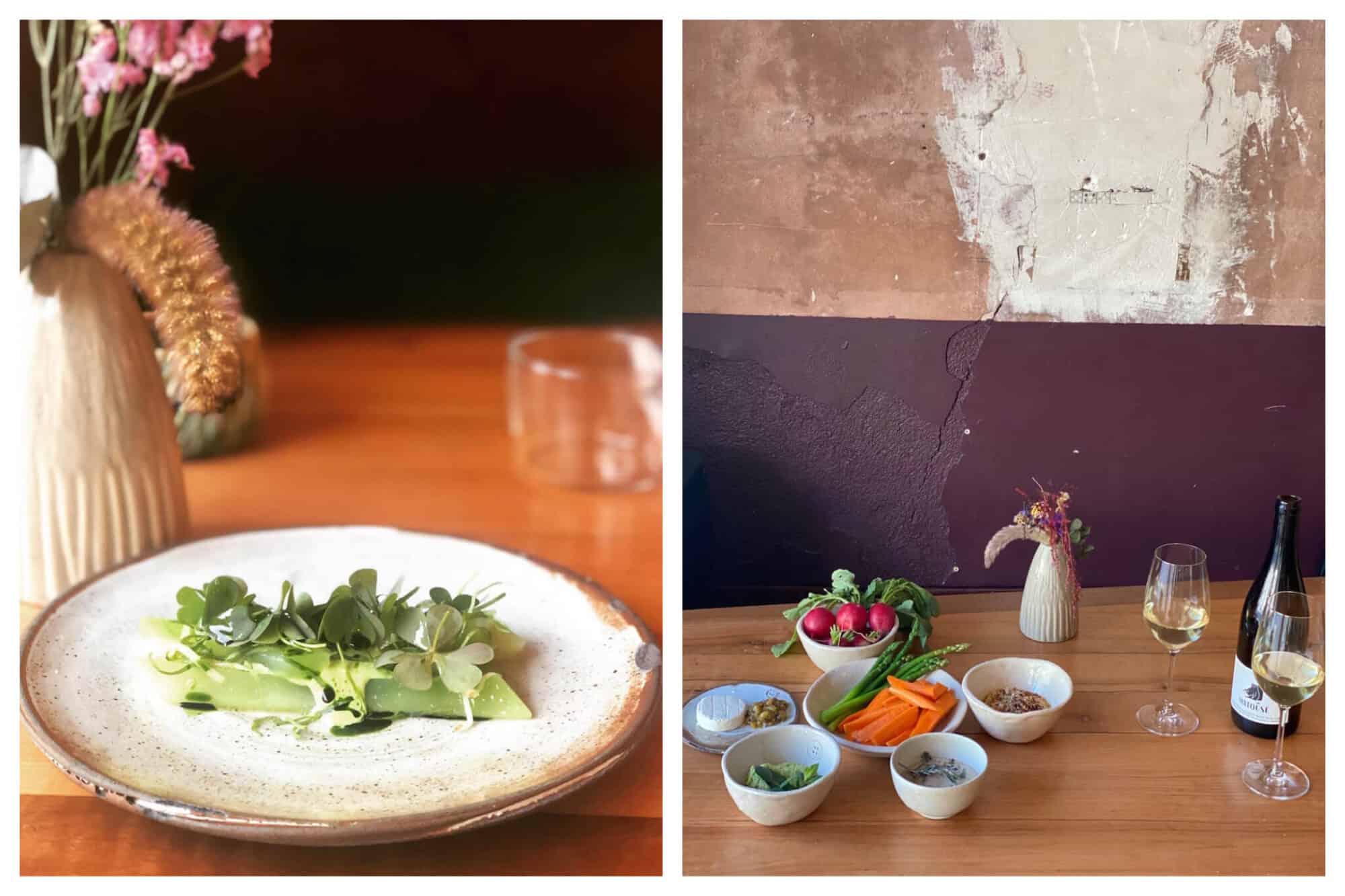 Left: a meal of artfully plated green vegetables.
Right: small bowls of crudites including radishes, carrots, as well as cheese and nuts, all next to a small vase of flowers and a bottle + two glasses of white wine.