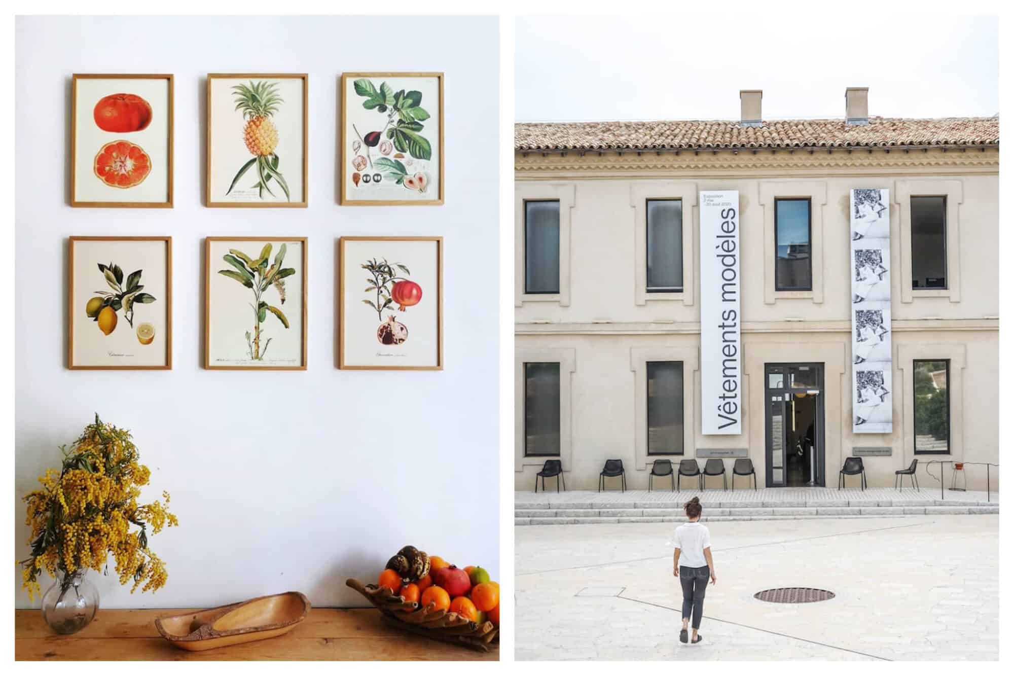Left: a wall inside Marseille's Trois Fenêtres restaurant, decorated with six small framed watercolours of various vegetables. Underneath is a wooden table with dried flower and a bowl of fruit. Right: The outside of the MUCEM in Marseille.