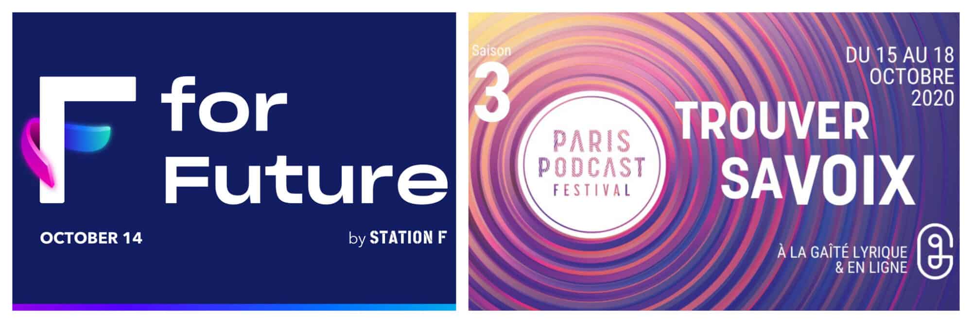 Left: a promotional image for F for Future at Station F. Right: a promotional image for Paris Podcast Festival.