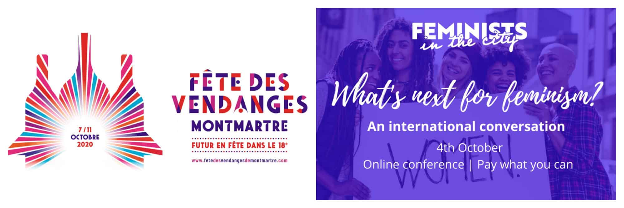 Left: a promotional image for Fete des Vendanges de Montmartre. Right: a promotional image for What's next for feminism? run by Feminists in the City.