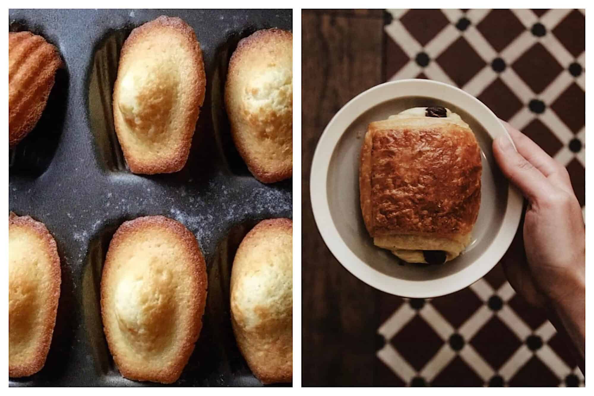 Left: Freshly baked Madeleines, light on the top and golden brown on the bottom, sit in the Madeleine cooking dish they were just baked in, Right: A person holds a small plate, atop of which is a large pain au chocolat.