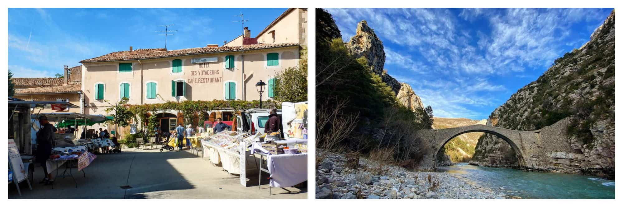 Left: outdoor market in front of a large stone building with light green shutters. There are tables with food and other wares on the right and left side. Right: An arched bridge over a small river. There are rocks and the river is surrounded by mountains on both sides, all set against a partly cloudy but very blue sky.