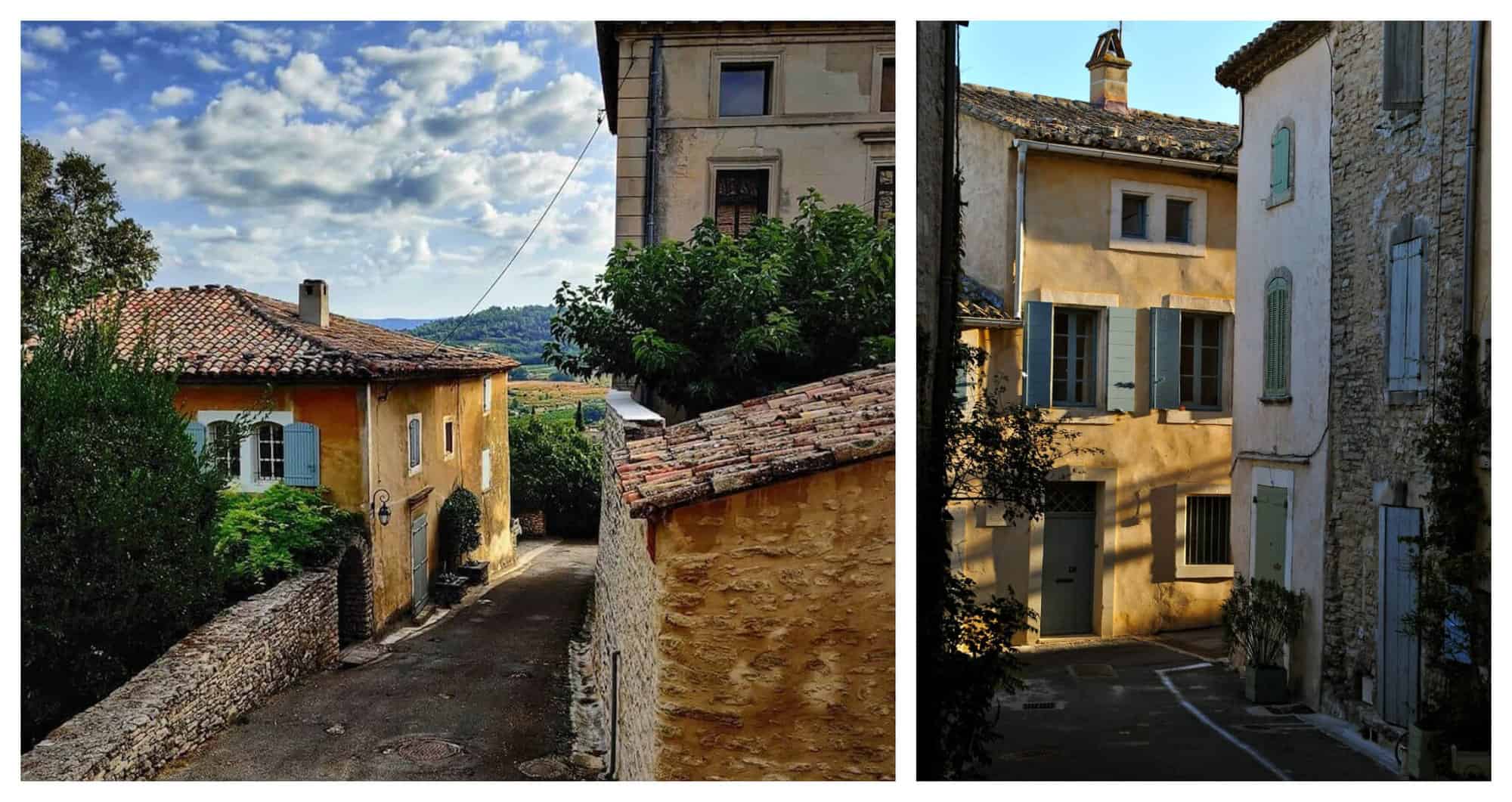 Left: a French country road in a hidden hilltop village of Provence, with a red-tiled roof house on the left and two historic Mediterranean houses on the right, and a view of green mountains and a partly cloudy sky. Right: a small country road in the South of France with a yellow house and blue shutters in front and a stone building with green and blue shutters to the left