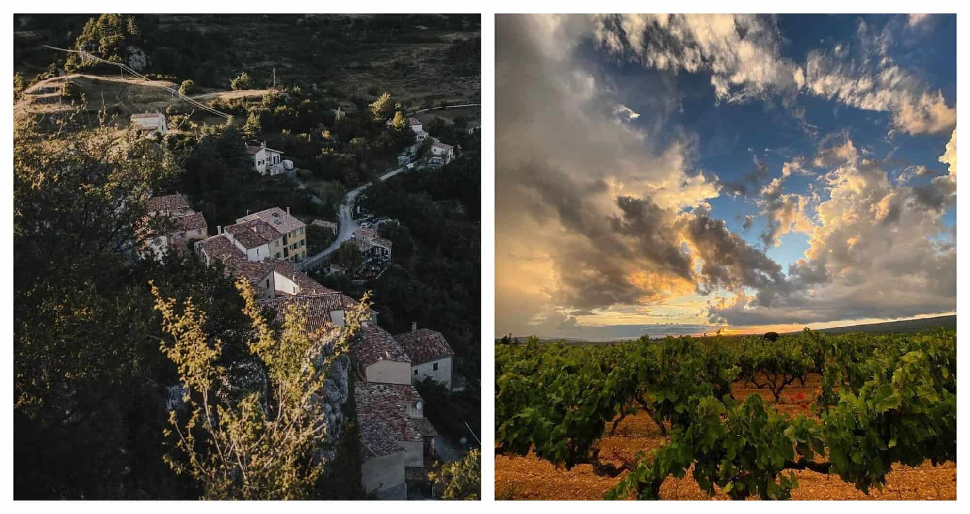 Left: a view of a hidden hilltop village of Provence from above. There are several buildings and greenery. Right: A vineyard with a sunset. The sky is blue with orange, yellow, and gray clouds.