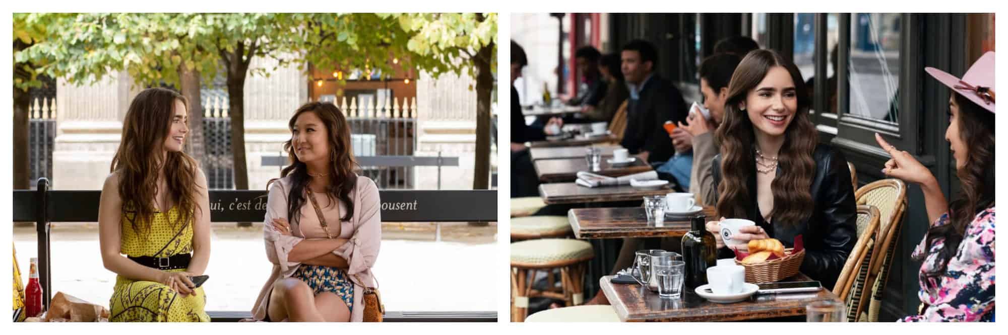 Left: two women sitting on a bench with trees in the background in a Parisian park. The woman on the left is wearing a yellow dress and the woman on the right is wearing pink. They are smiling at each other as they speak. Right: two women speaking while they sit outside at a Parisian café. The woman to the left has long brown hair and is smiling as she picks up a coffee cup. The woman to the right also has long brown hair and is wearing a pink hat and pointing at the other woman as she smiles. Both images are from "Emily in Paris" Netflix series.