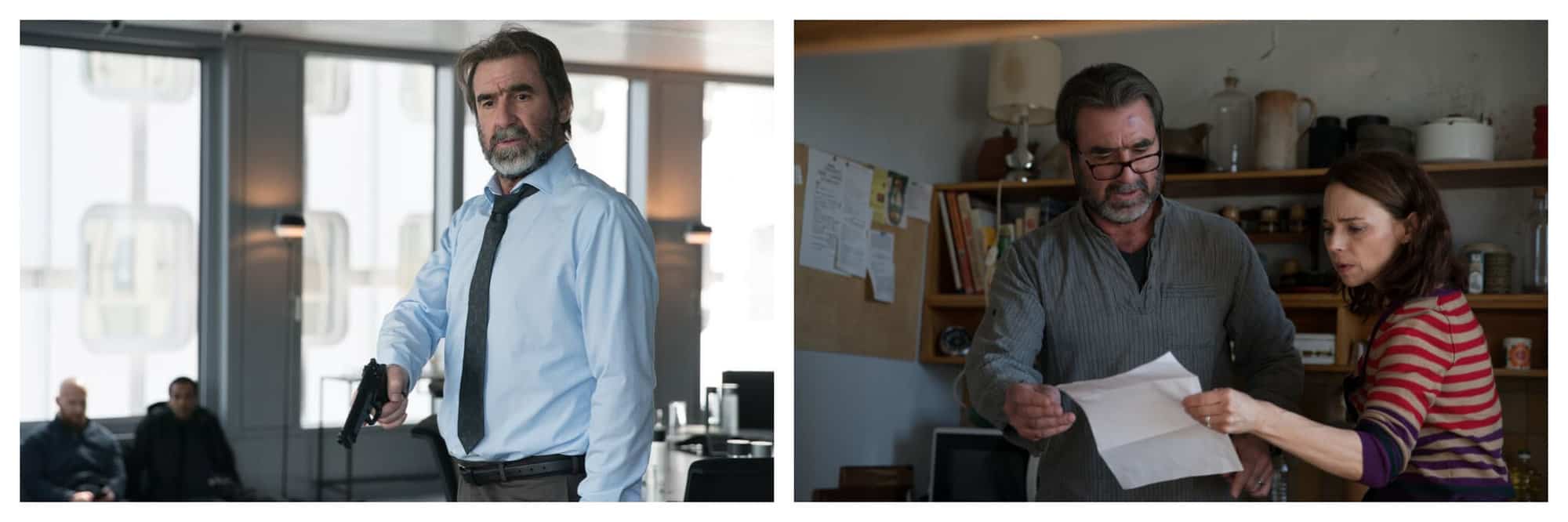 Left: man with a beard wearing a blue button up shirt with a tie holding a gun in an office space. Two men sitting down can be seen in the background to the left. Right: a man with a beard and a gray shirt and a woman with dark hair and a striped shirt looking at a piece of paper in a cluttered office. Both images are from "Inhuman Resources" Netflix series.  