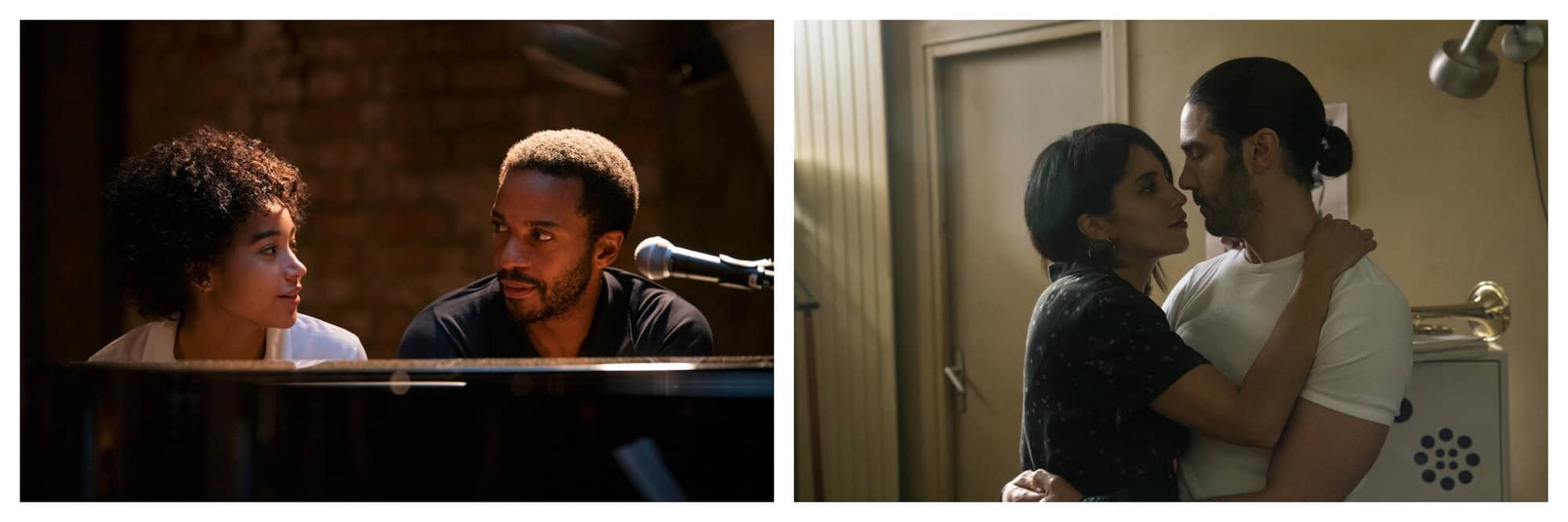 Left: a man and a woman sitting in front of a piano and speaking with one another. There is a microphone to the right. Right: a man and a woman hugging one another. There is a trumpet visible to the right. Both images are from "The Eddy" Netflix series