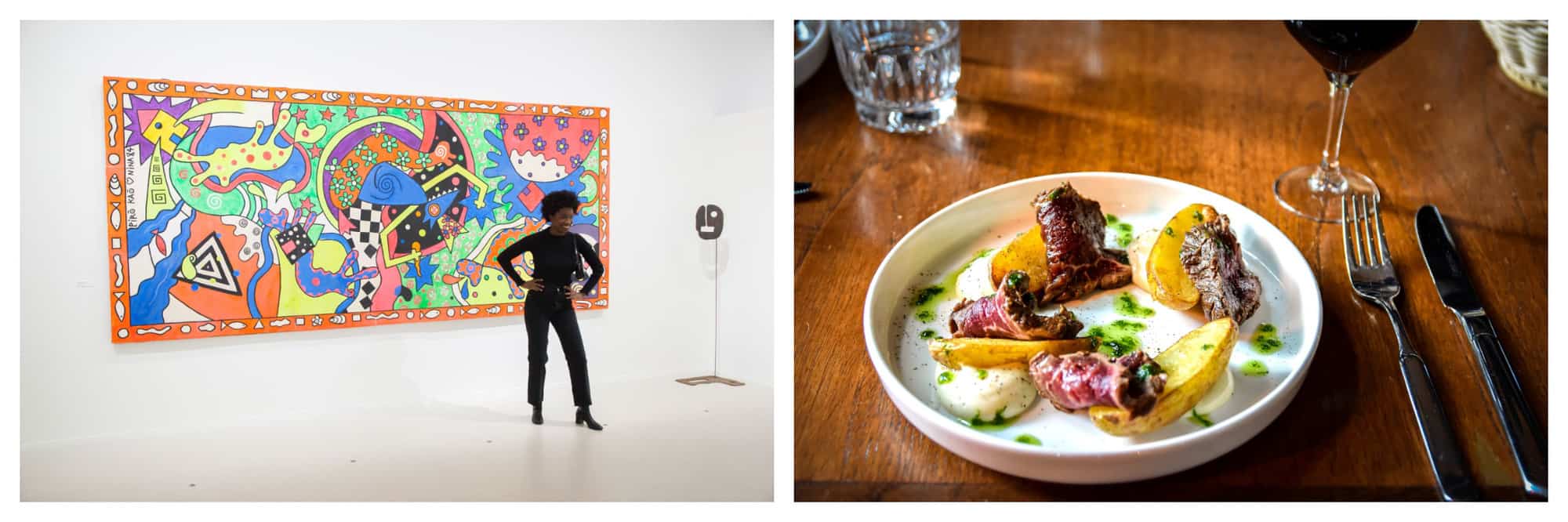Left: A woman standing in front of a modern art painting with green, blue, orange, and yellow shapes. There is a mask on a stand in the right corner. Right: A plate of beef in a white sauce with potatoes and a green garnish. There is a fork and a knife to the right of the plate and a glass of wine in the right corner