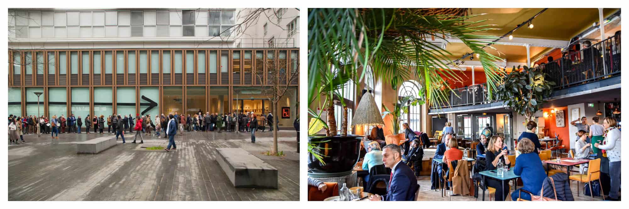 Left: a large line of people waiting to get into an art gallery. The building features large and tall windows across the front of it. Right: the interior of a crowded restaurant. There is a green plant to the left and a balcony with more seating and people in the right upper corner.