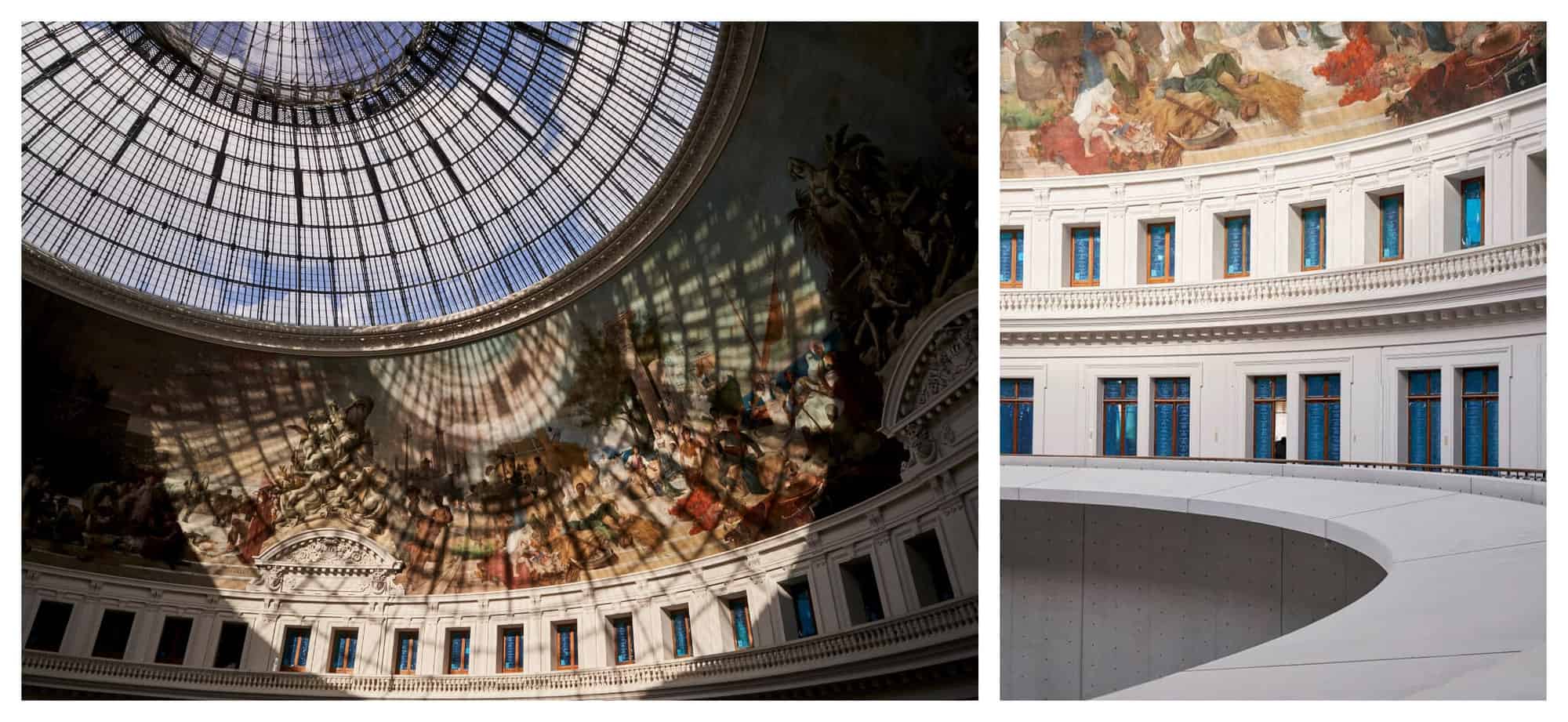 Left: a large circular room of classic design with a glass ceiling that is shining light onto a large mural. This is a view of the soon to open Bourse de Commerce, one of 5 arty venues in Paris to know right now. Right: A large circular room with white white and a colorful mural. There are several windows with blue glass. 