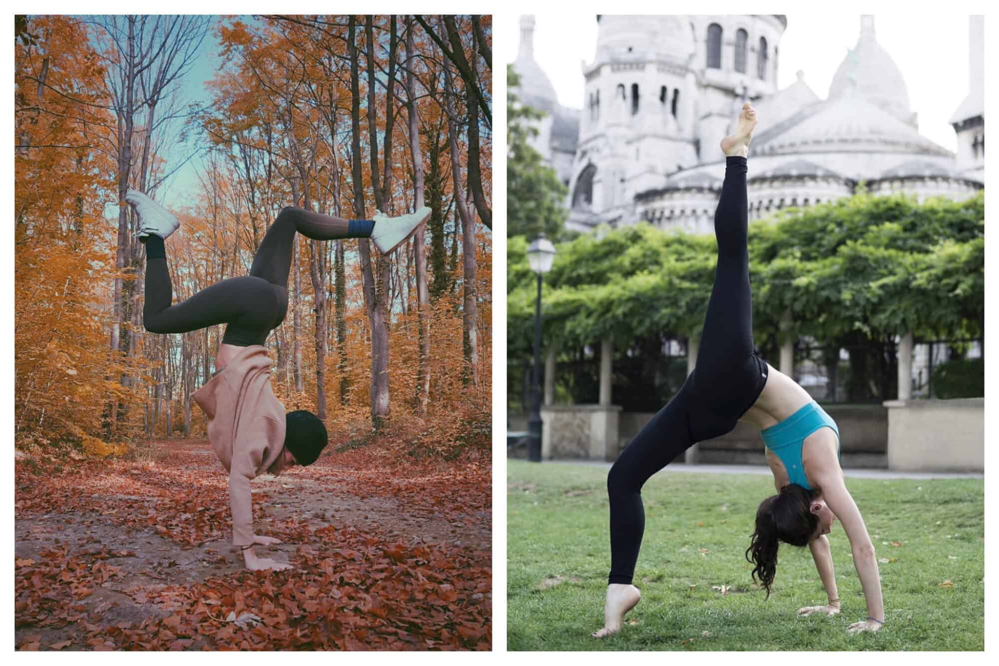 Left: a woman does a handstand in a forest during the autumn.
Right: a woman does a backbend with one leg sticking up vertically in the ai, in front of the Sacre Coeur.
